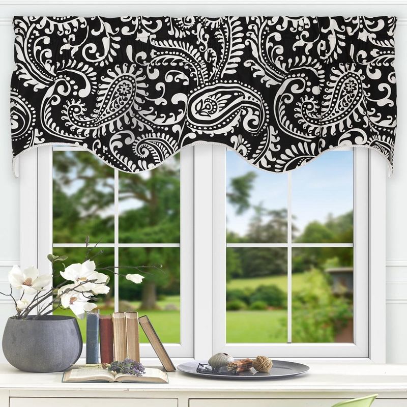Ellis Curtain Walker Paisley Lined Scallop Window Valance - 50 x 15, Black