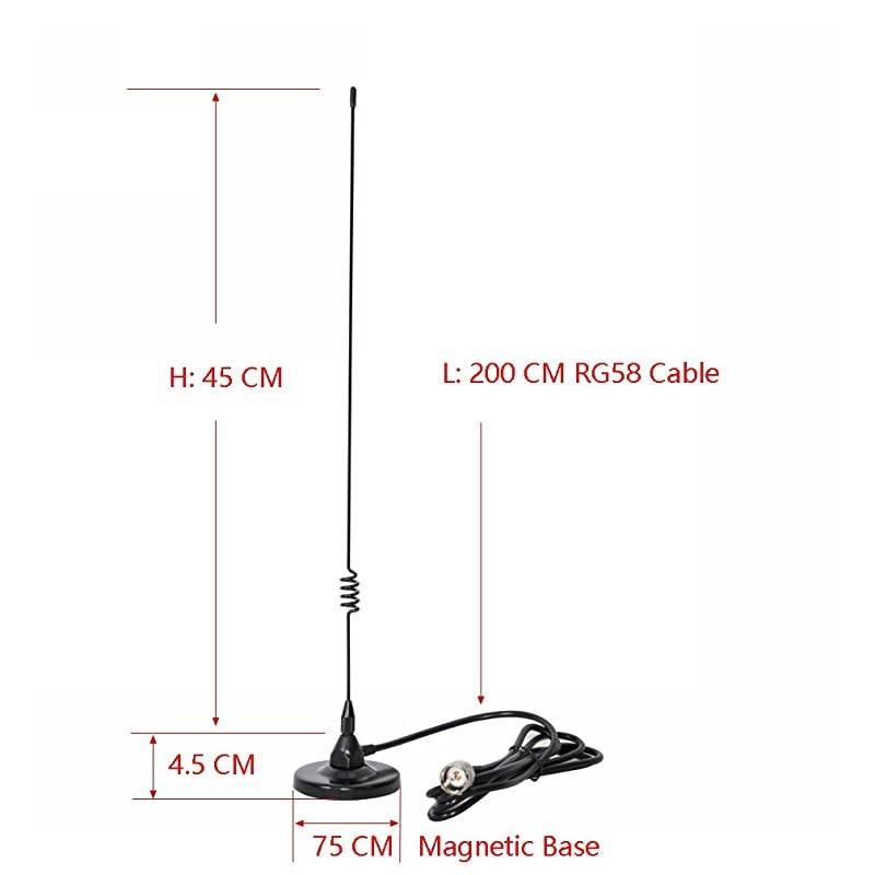 Mobile Antenna 2m/70cm VHF/UHF Ham Radio, 137-149, 437-480 Mhz, Magnet Base PL-259 Connector, 10 Ft RG58 Cable