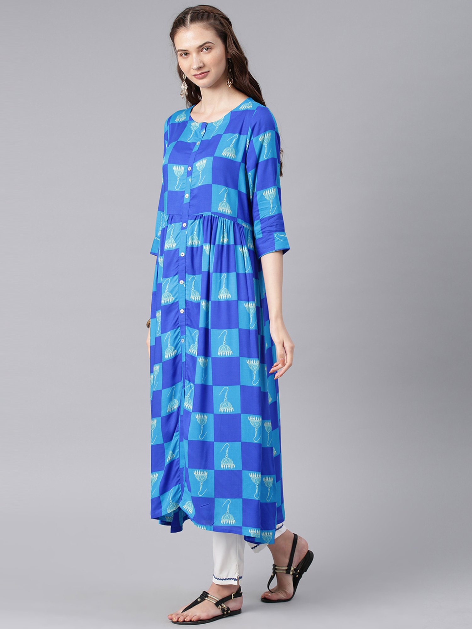 Alena Blue Printed A Line Kurta