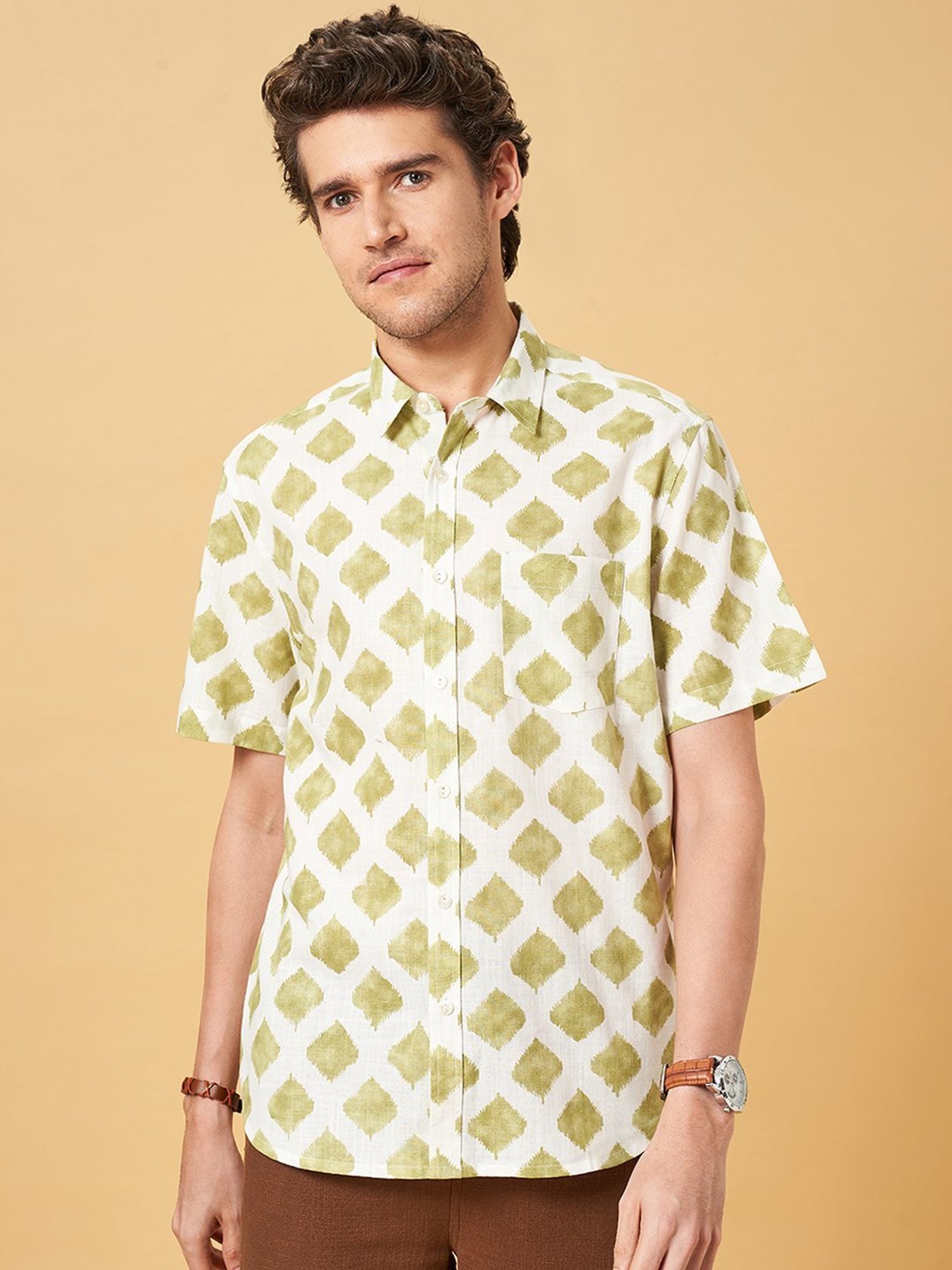 Indus Route by Pantaloons Sage Green Regular Fit Printed Shirt