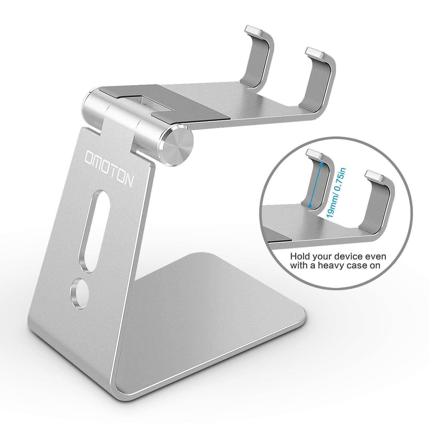 Adjustable Cell Phone Stand, OMOTON Aluminum Desktop Cellphone Stand with Anti-Slip Base and Convenient Charging Port, Fits All Smart Phones, Silver