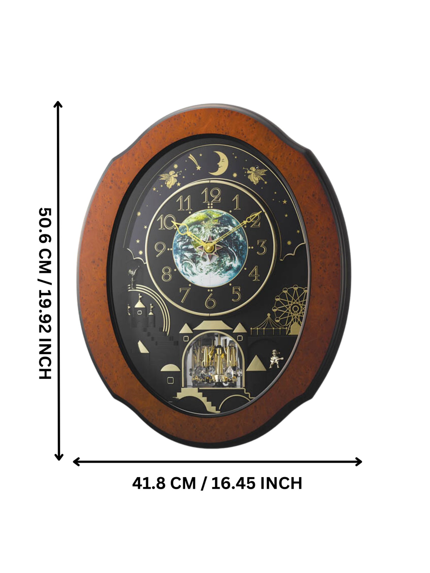 RHYTHM Brown Wood Stylish Oval Shaped Melodies In Motion Wall Clock