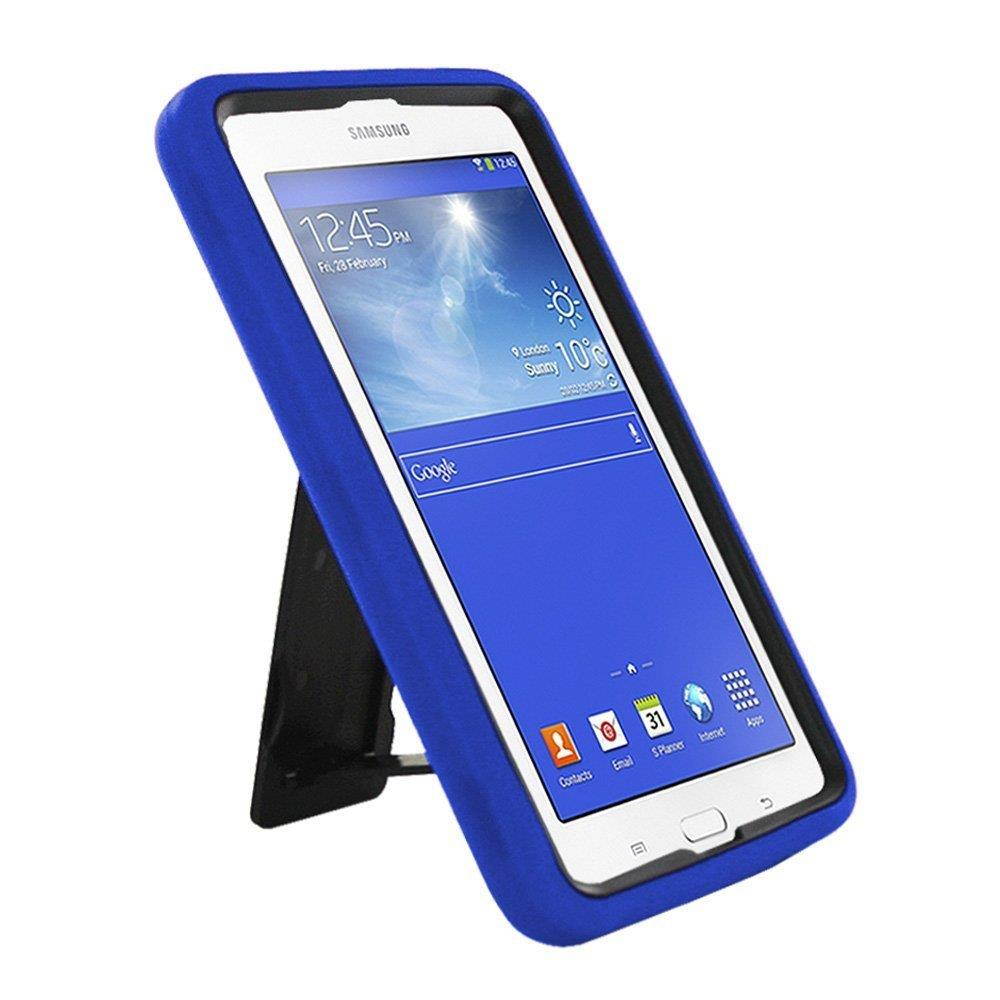 Samsung Galaxy Tab 3 7" LITE SM-T110 Drop Protection Hybrid Case Full Body Silicone Plastic Cover featuring Built-In Kickstand and Screen Protector - Black / Blue by KIQ (TM)