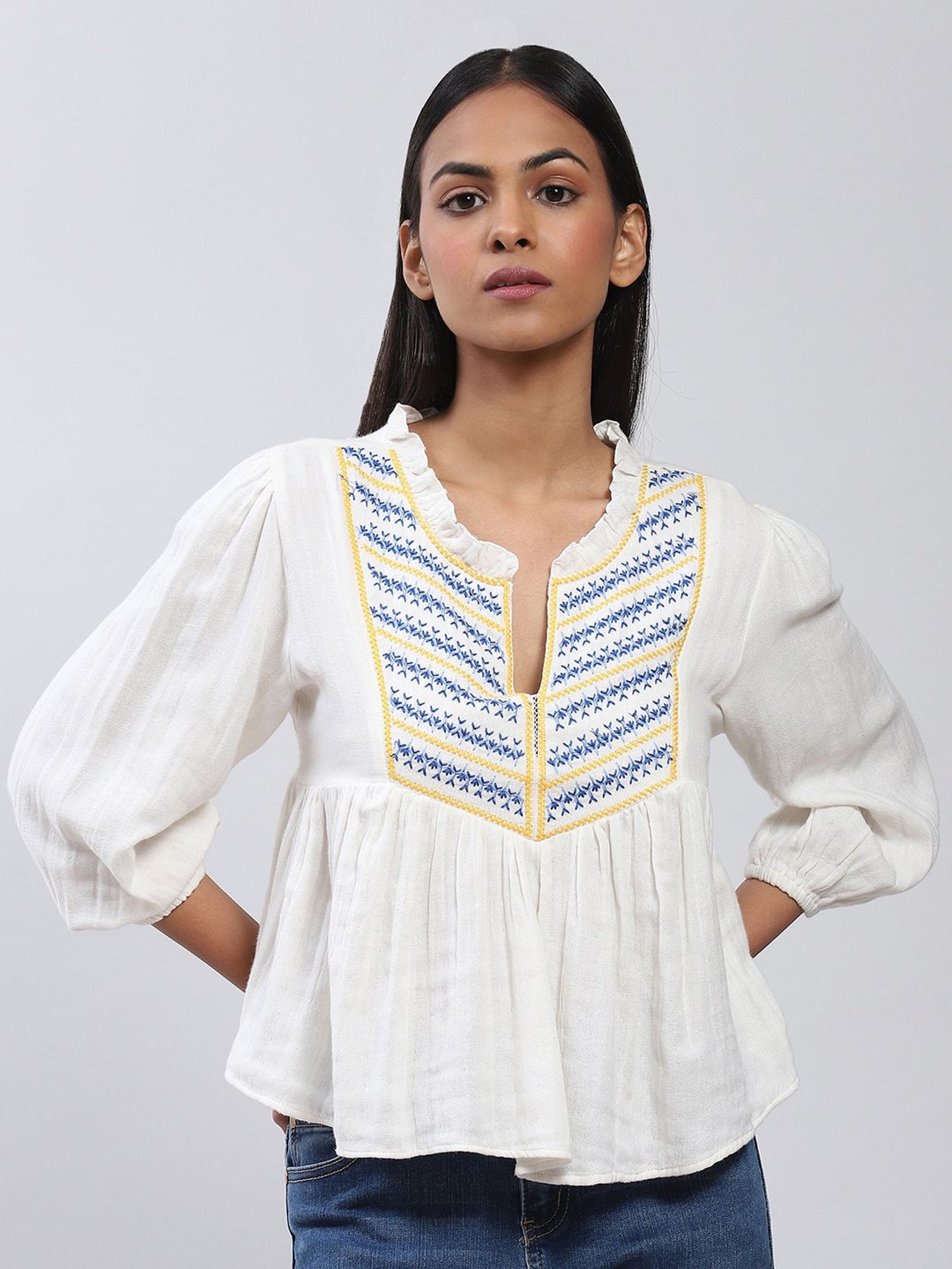 Label Ritu Kumar White Embroidered Top