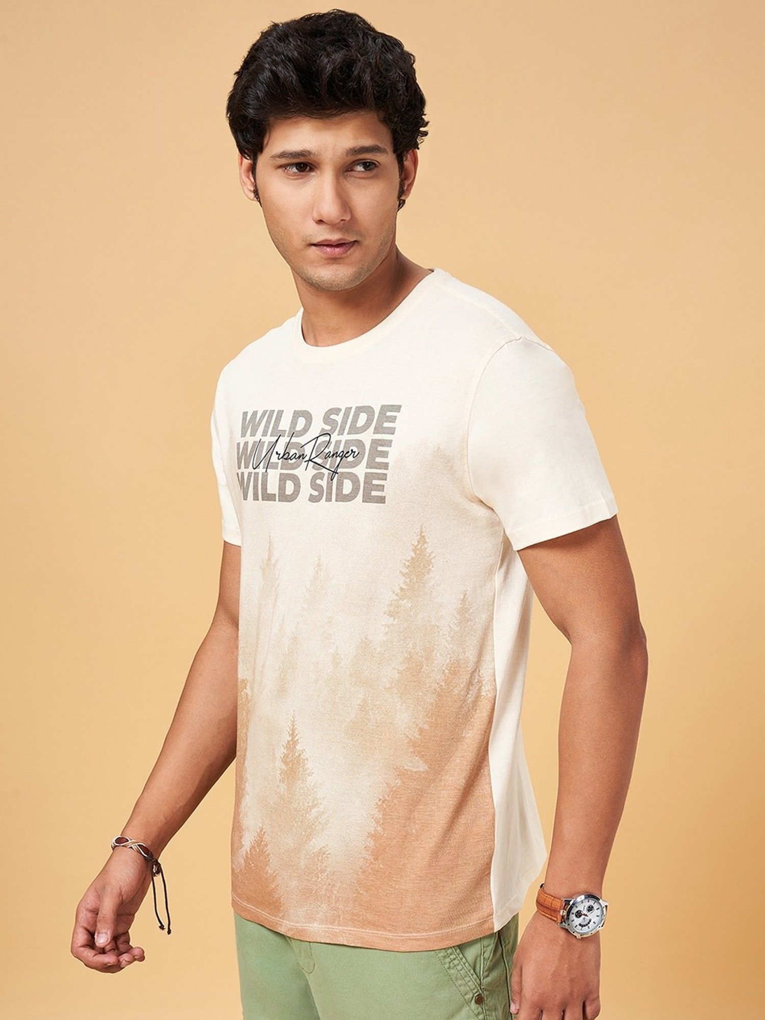 Urban Ranger by Pantaloons Cream Cotton Slim Fit Printed T-Shirt