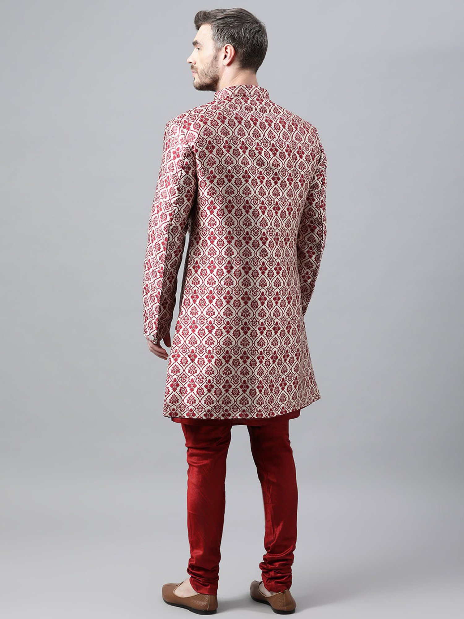 Hangup Plus Beige & Black Regular Fit Printed Sherwani Set