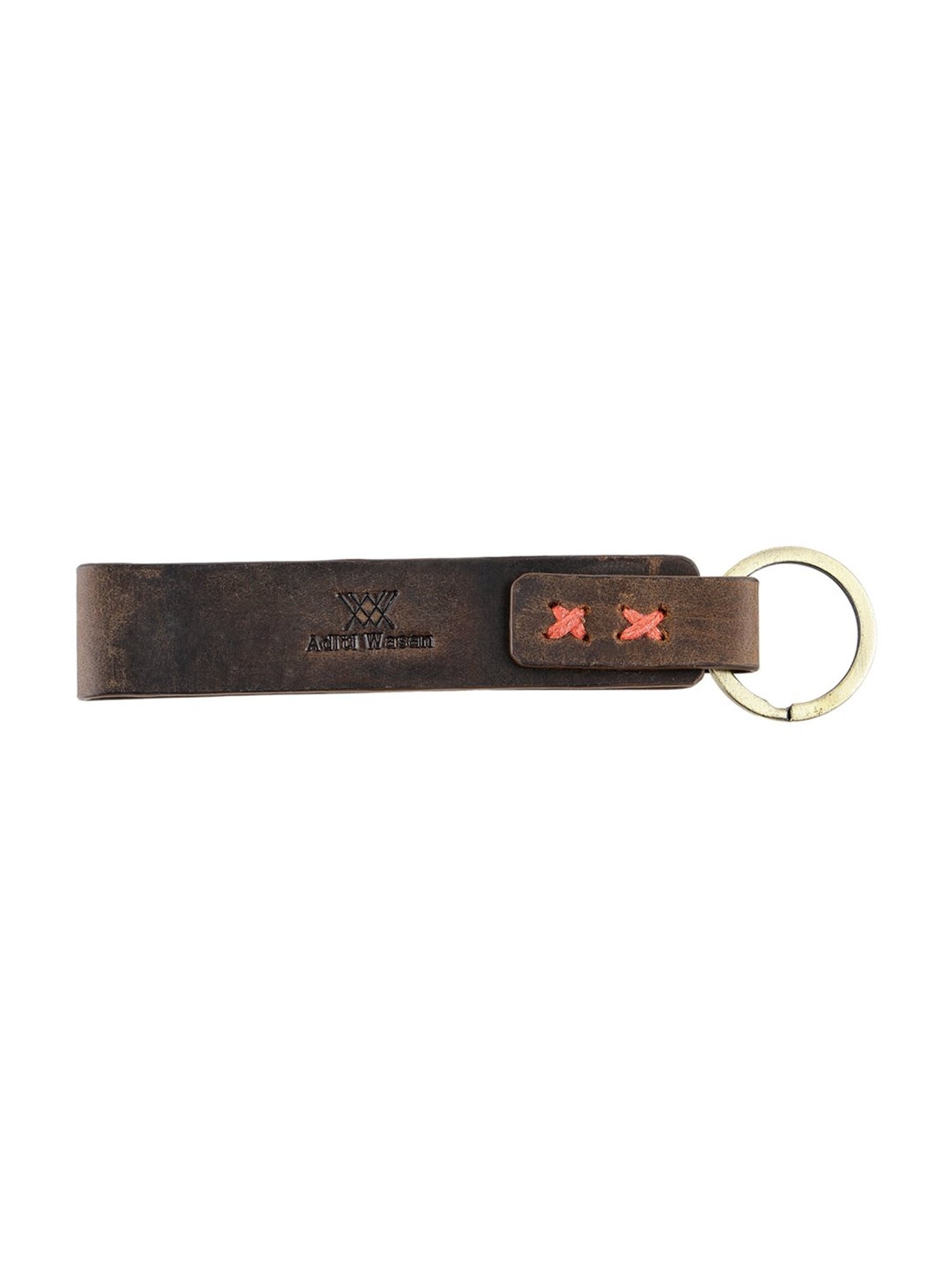 Aditi Wasan Brown Leather Keyring with Red Stiched Detailing and Hook