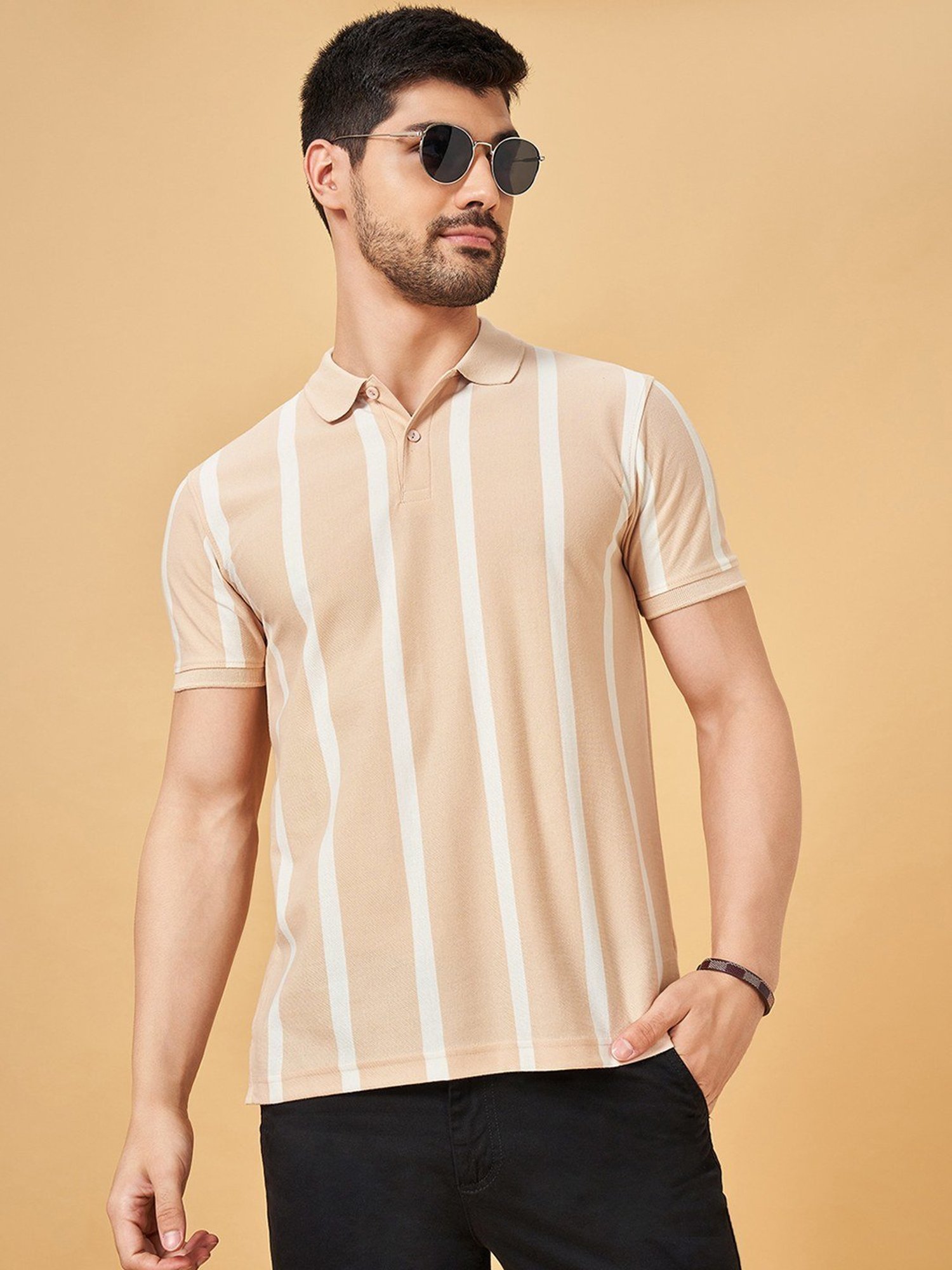 Byford By Pantaloons Beige Slim Fit Striped Polo T-Shirt