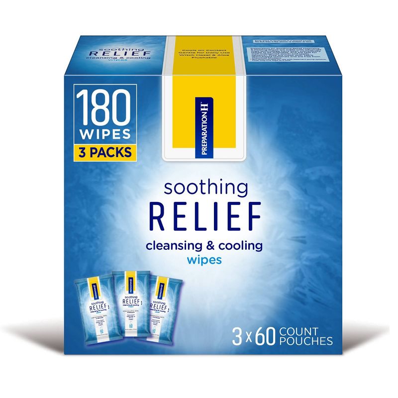 Preparation H Soothing Relief Cleansing and Cooling Wipes, Aloe and Witch Hazel Wipes for Butt Itch Relief - 60 Count 180 Wipes (Pack of 3)