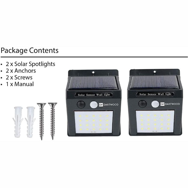 Dartwood Outdoor Solar Lights with Motion Sensor, 20 LED, 150 Lumens Bright Weatherproof Wall Spotlight for Gardens Porches Walkways Patios (2 Pack)