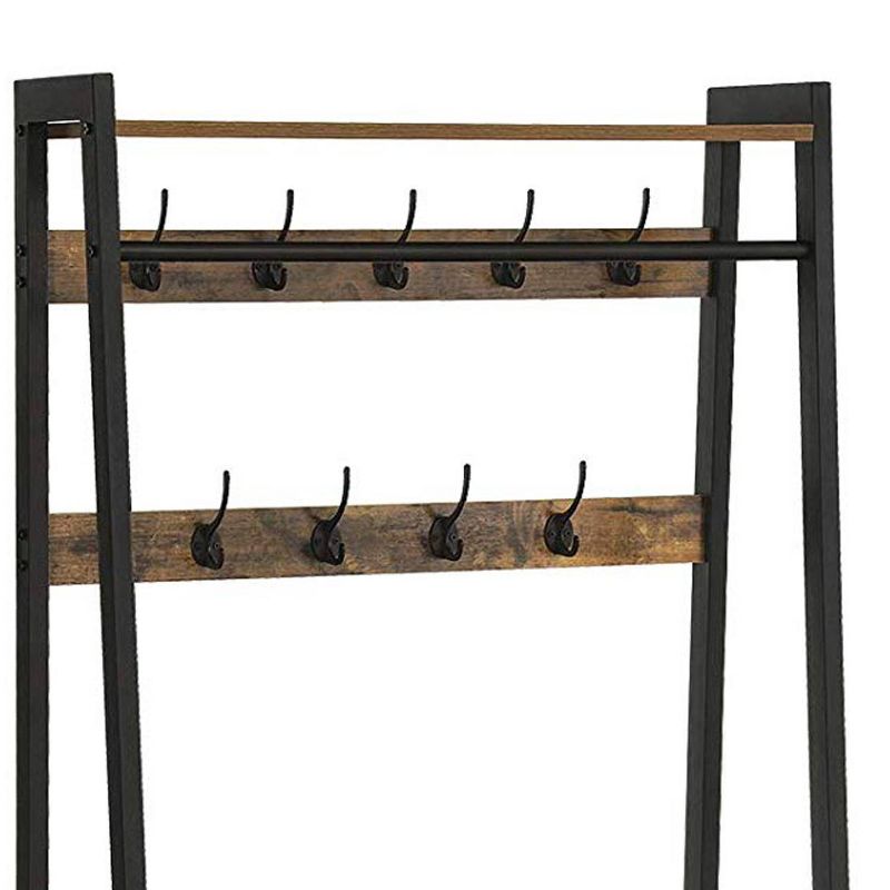 Iron Framed Coat Rack with Two Storage Shelves and Hanging Rail Brown/Black - Benzara