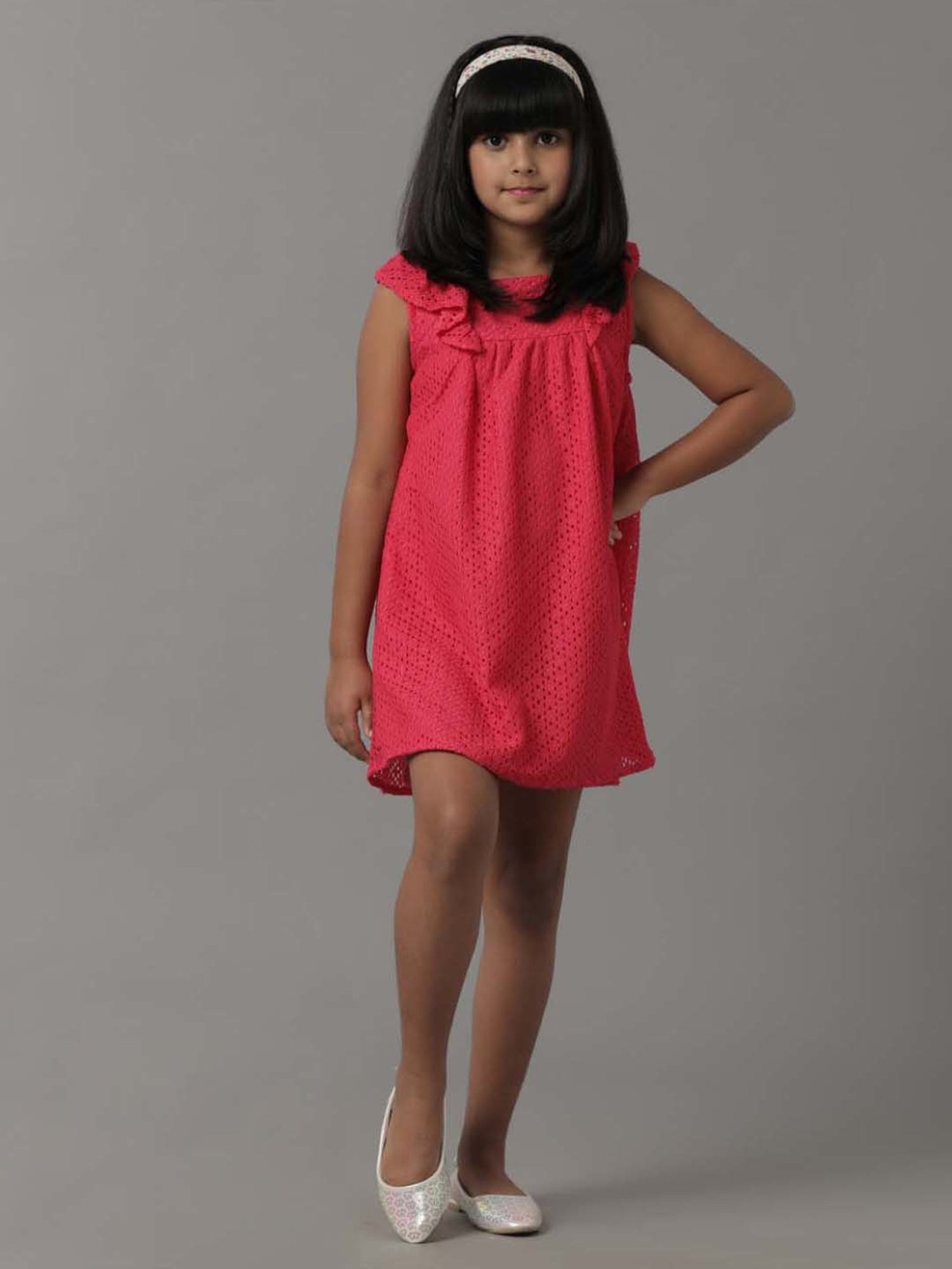Under Fourteen Only Kids Pink Self Pattern Dress
