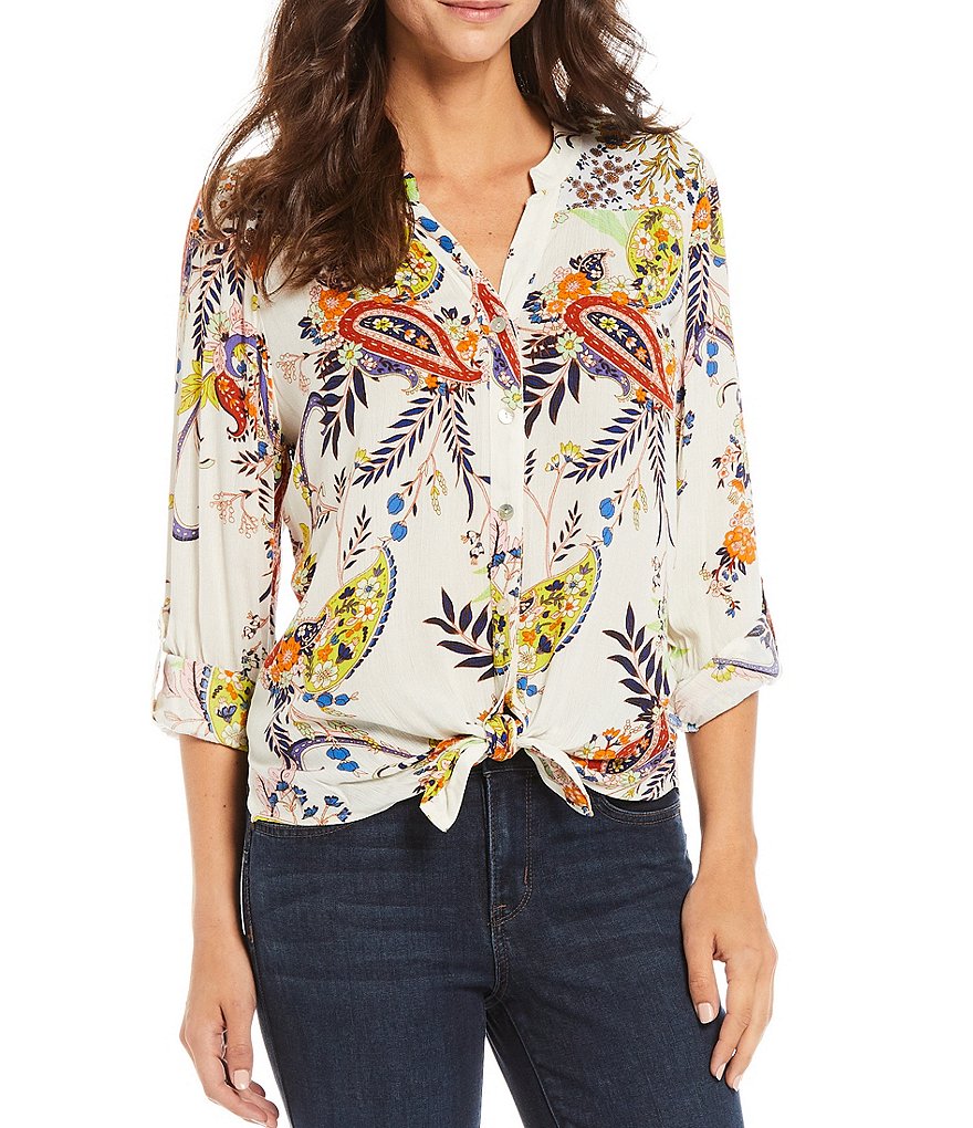 Figueroa & Flower Roxy Paisley Print Roll-Tab Sleeve Button Down Tie-Front Top
