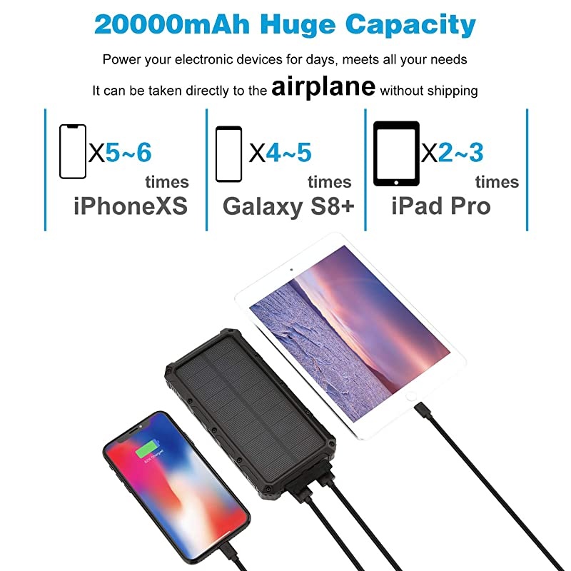 Solar Power Bank 20000mAh -  Qi Wireless Portable Charger Fast Charge with 4 Outputs, USB C Outputs 5V/3A High-Speed - Rainproof Battery Bank for Hiking Camping Outing