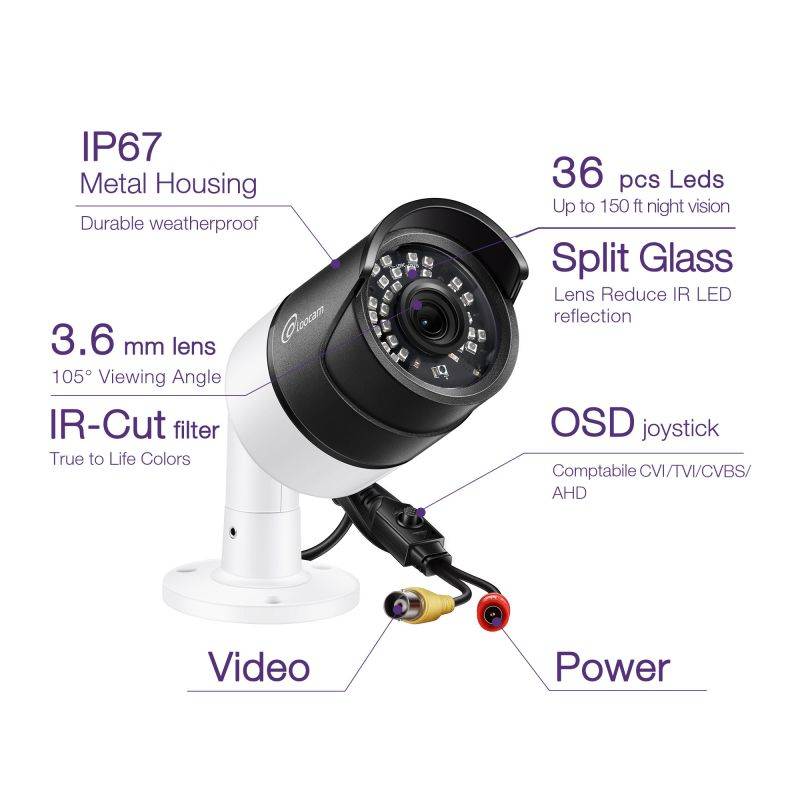 Loocam Full HD 1080p Outdoor Hybrid 4-in-1 Surveillance Bullet Camera, 3000TVL Security Weatherproof Camera with 150ft Night Vision for HD-TVI, AHD, CVI, and CVBS/960H Analog DVR, Metal Housing