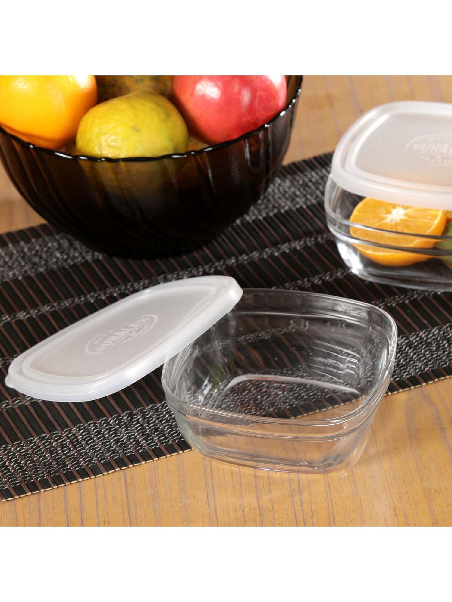 Duralex 'Freshbox' Transparent & White Glass 17 cm Container With Lid (0.61 L) - Set of 2