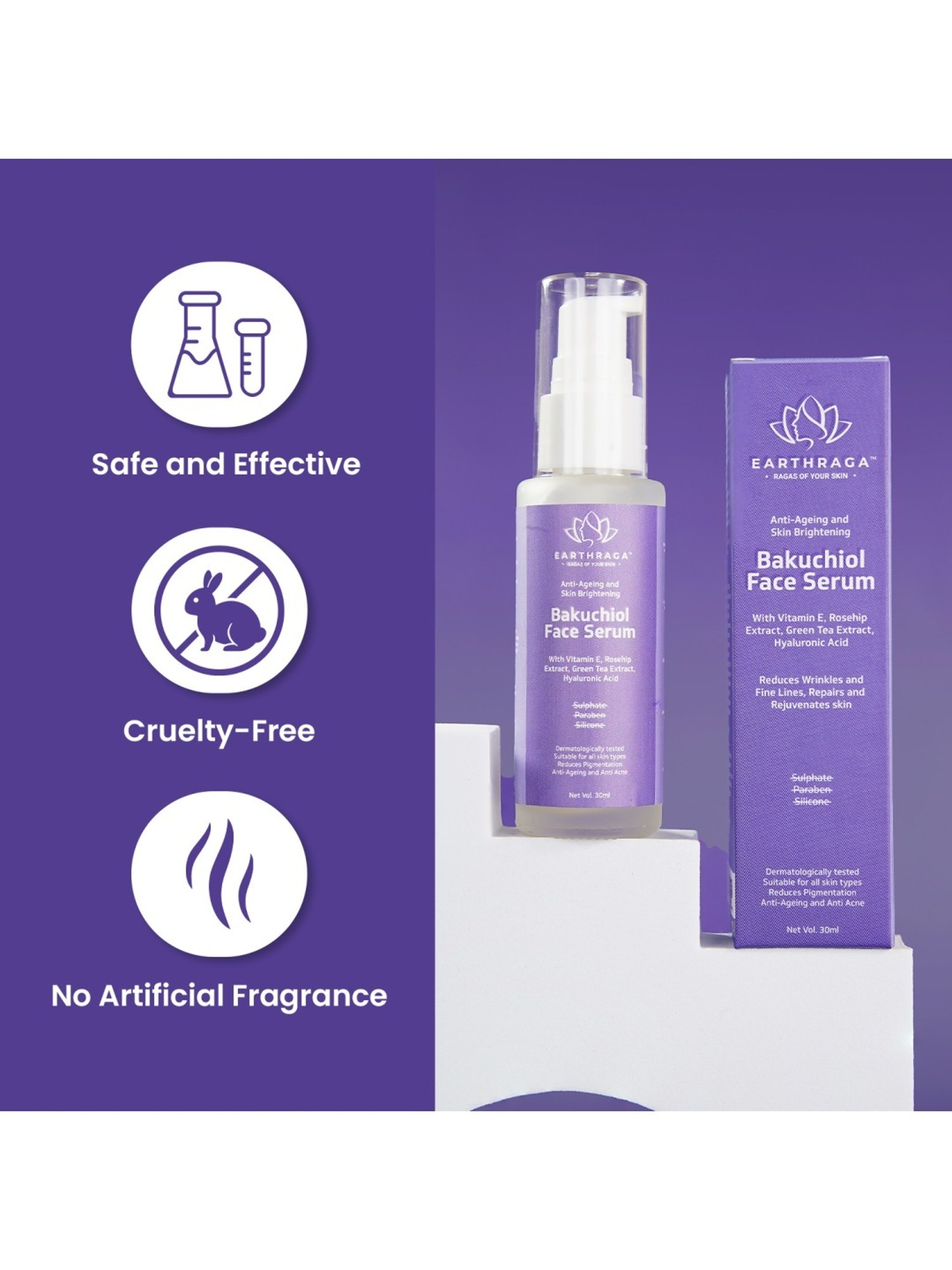 Earthraga Anti-Ageing and Skin Brightening Bakuchiol Face Serum - 30 ml