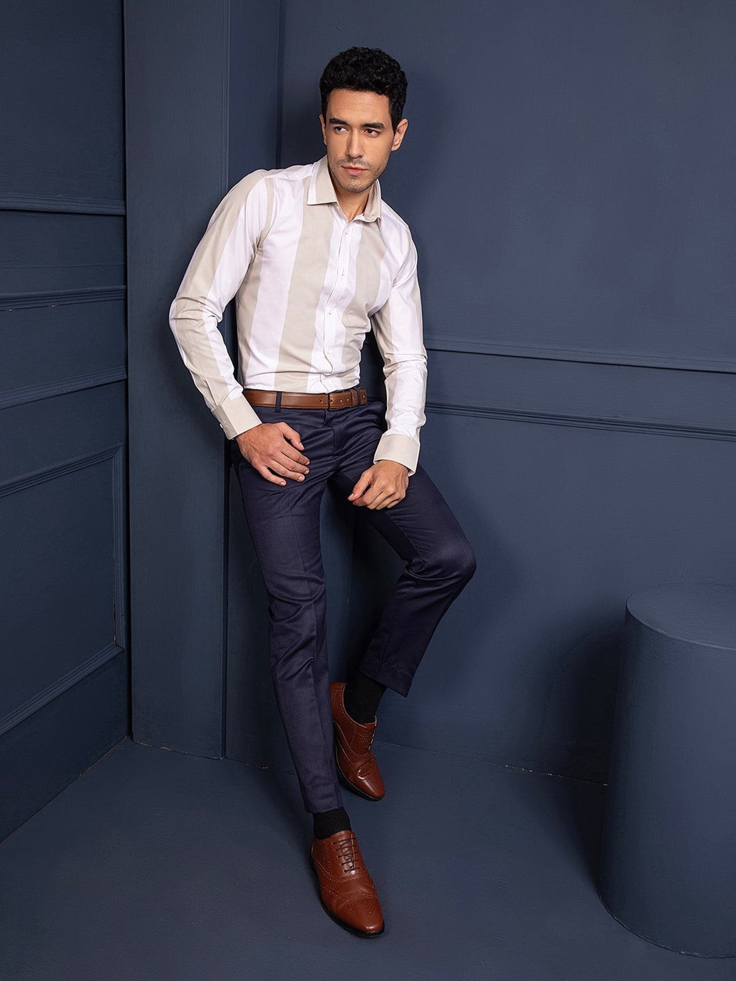 Louis Stitch Brown Cotton Regular Fit Striped Shirt