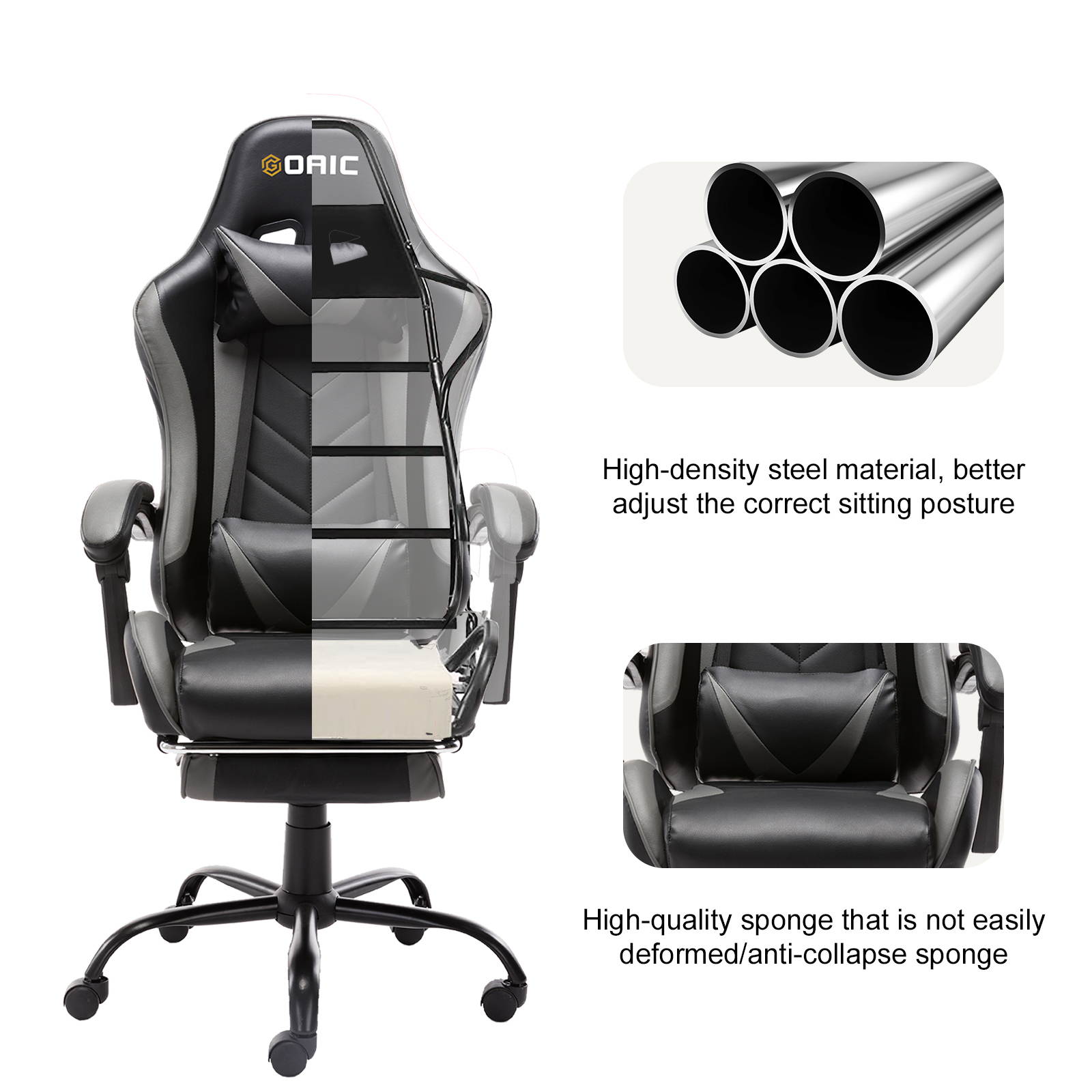 Goaic Gaming Chair PC Racing Game Chair Ergonomic 135&deg; Adjustable Reclining Office Chair with Footrest, High Back Office Desk Computer Chair with Headrest and Lumbar Pillow Support (White/Red)