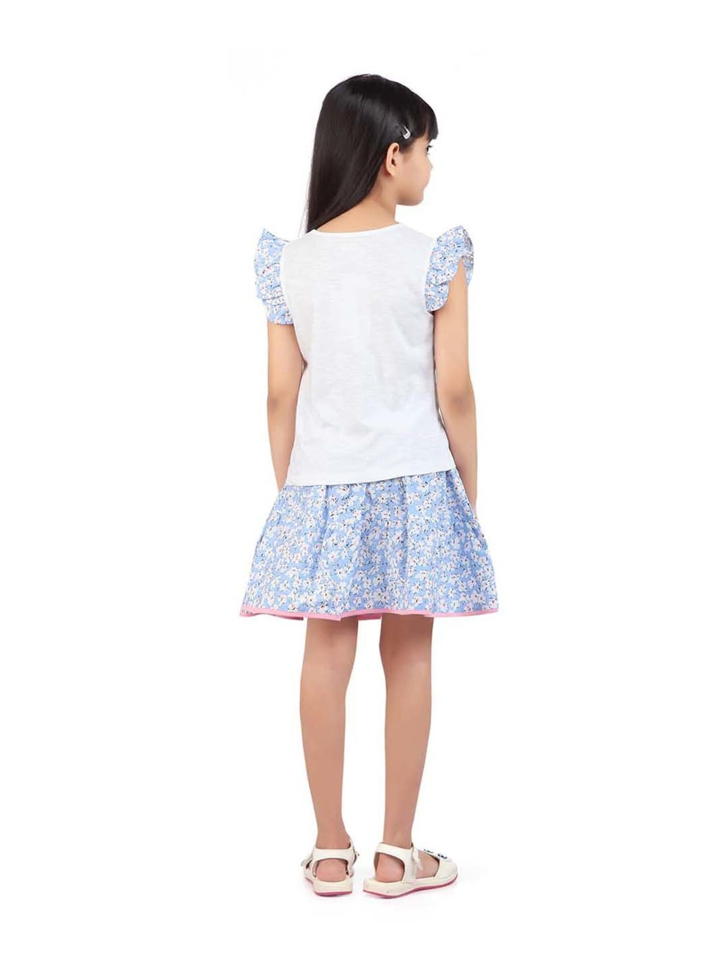 Tiny Girl Kids Blue & White Cotton Printed Clothing Sets