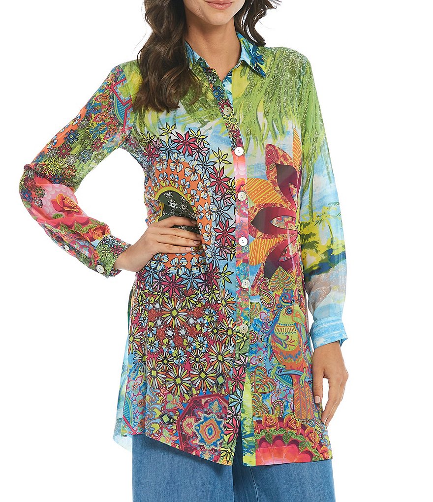 John Mark Tropical Print Button Front Long Tunic