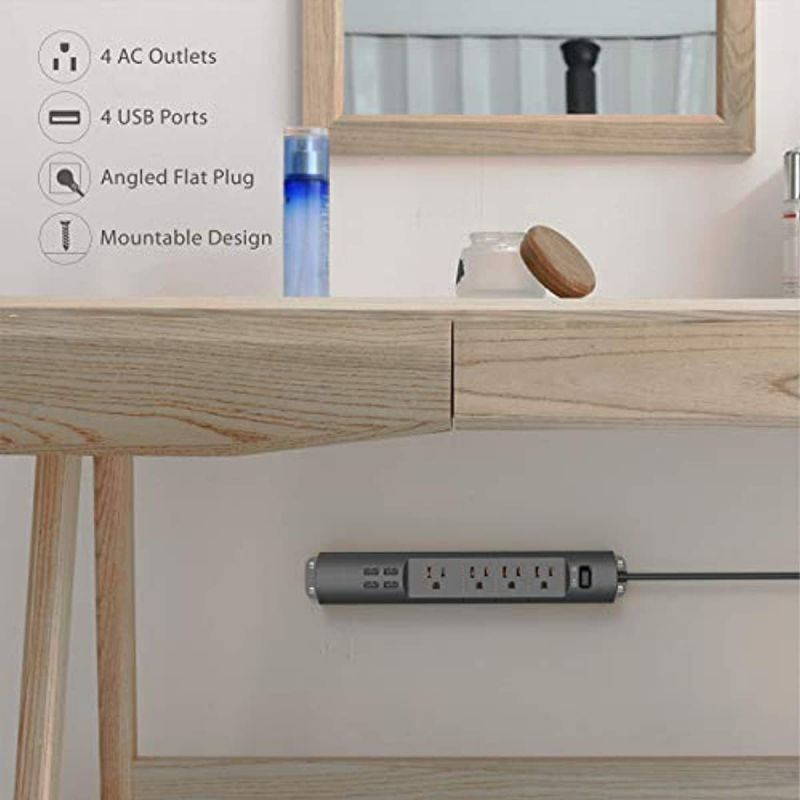TROND Power Strip Surge Protector Flat Plug, 4 AC Outlets & 4 USB Ports, 6ft Long Extension Cord, Wall Mount for Workbench, Nightstand, Dresser, Home, Office, Desk, Black