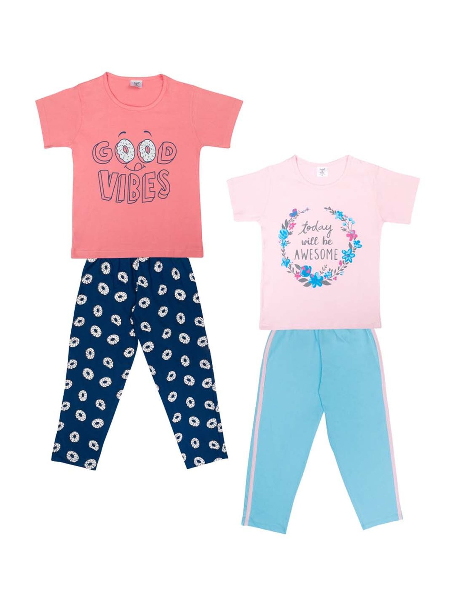 Todd N Teen Kids Pink & Blue Cotton Printed T-Shirt & Pyjamas - Pack of 2
