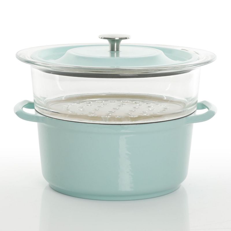 Kenmore Oak Park 5 Quart Enameled Cast Iron Casserole with Lid and Glass Steamer in Blue
