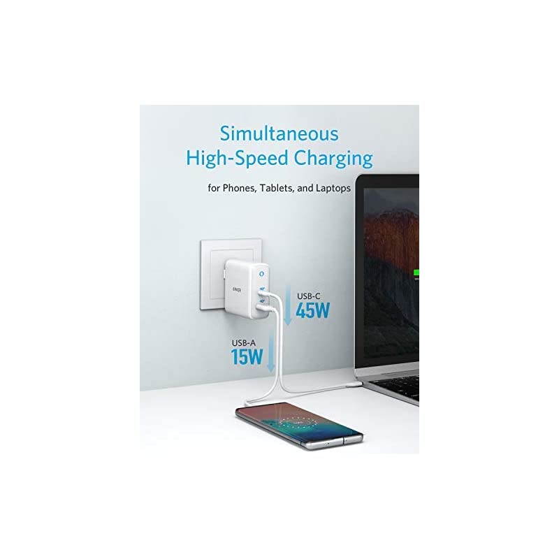 USB C Charger  60W PIQ 30 GaN Tech Dual Port Charger PowerPort Atom III 2 Ports Travel Charger with a 45W USB C Port for USBC Laptops MacBook iPad Pro iPhone Galaxy Pixel and More