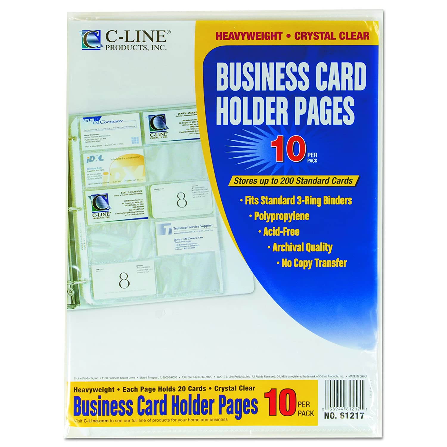 C-Line Business Card Holder Pages, Poly without Tabs, 20 Cards/Page, 11 x 9 Inches, 10 per Pack (61217)