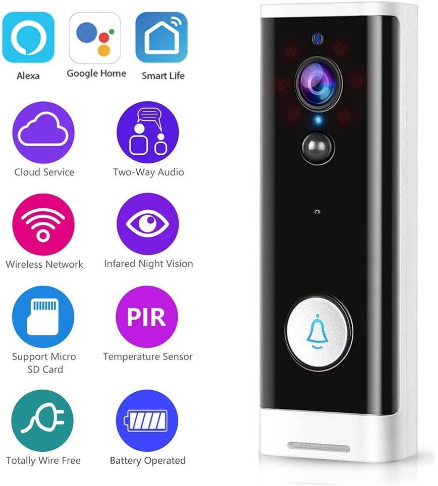 1080 Hd WiFi Video Doorbell Pro with Indoor Chime, Wireless Security Doorbell Alexa, PIR Motion Detection, Wide Angle, Night Vision, Real-Time Notification, Two-Way Talk,White,EU Voltage B