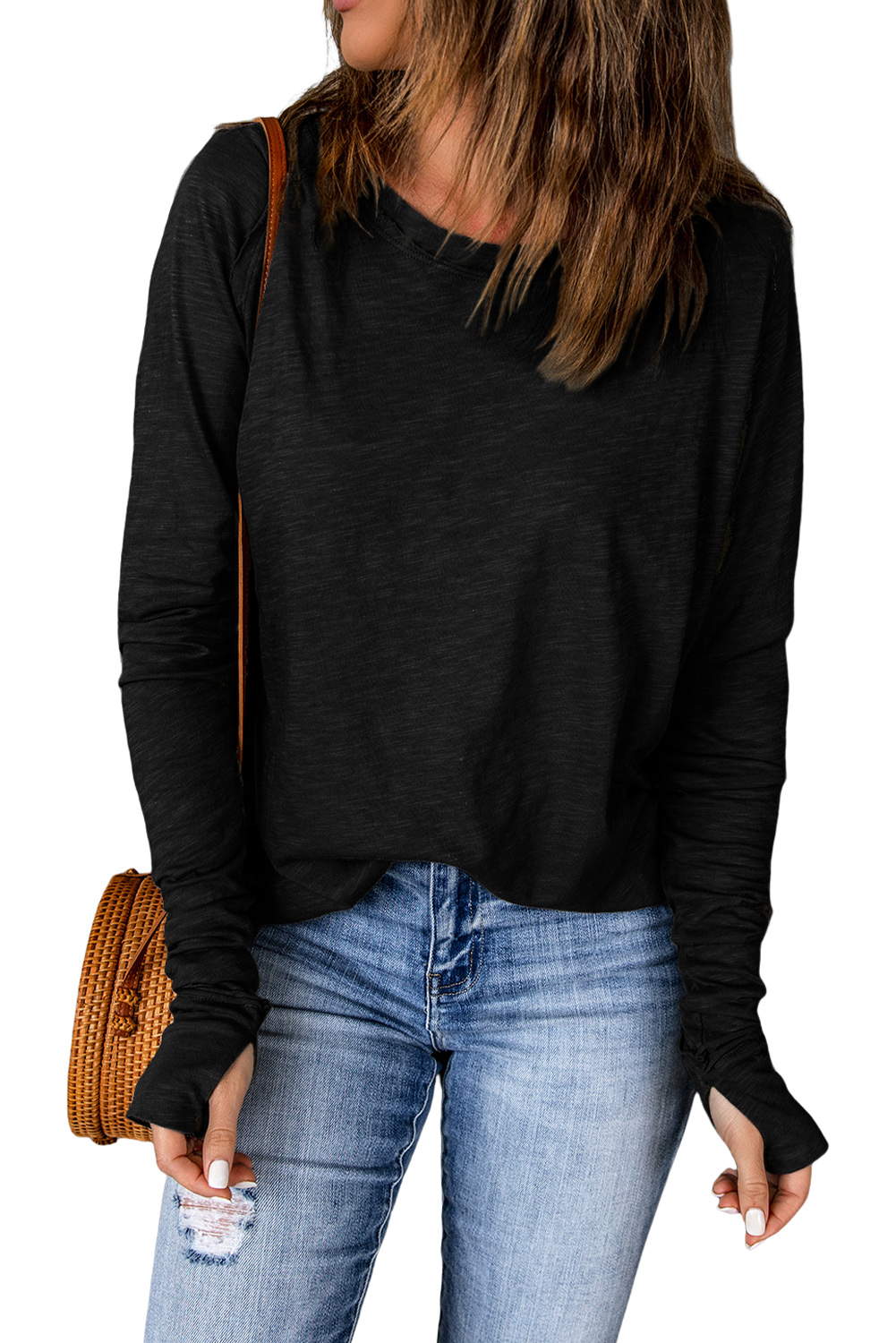 Blank Sweatshirt - Black Casual Thumbhole Long Sleeve Top Customized