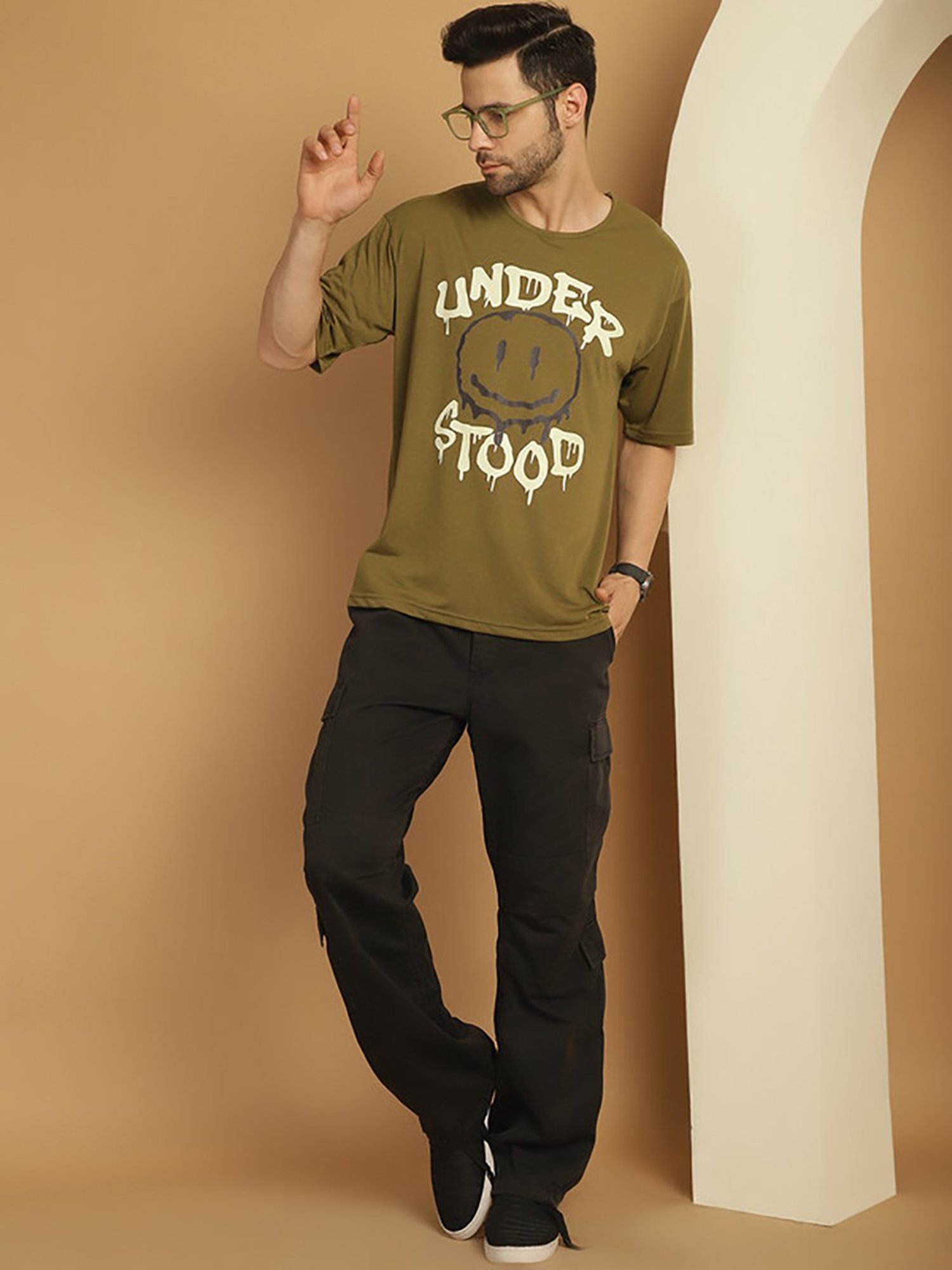 Vimal Jonney Olive Regular Fit Printed Oversized Crew T-Shirt