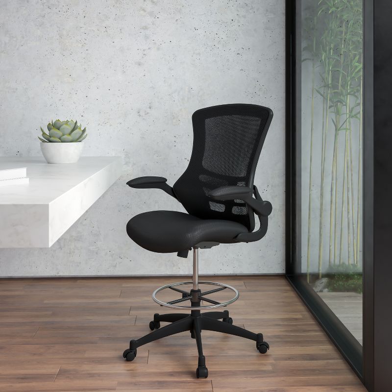 Emma and Oliver Mid-Back Black Mesh Ergonomic Draft Chair - Adjustable Ring & Flip-Up Arms