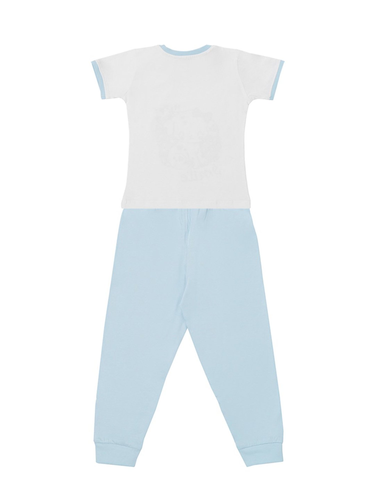 Bodycare Girls White & Sky Blue Printed T-Shirt with Pyjamas
