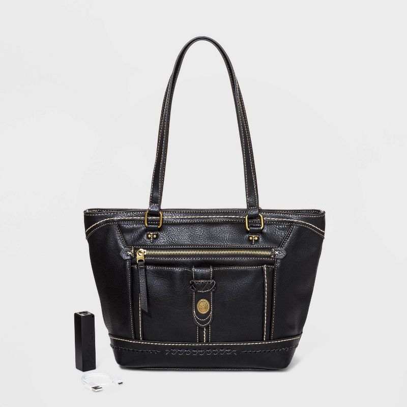 Bolo Zip Closure Tote Handbag with Power Bank - Black
