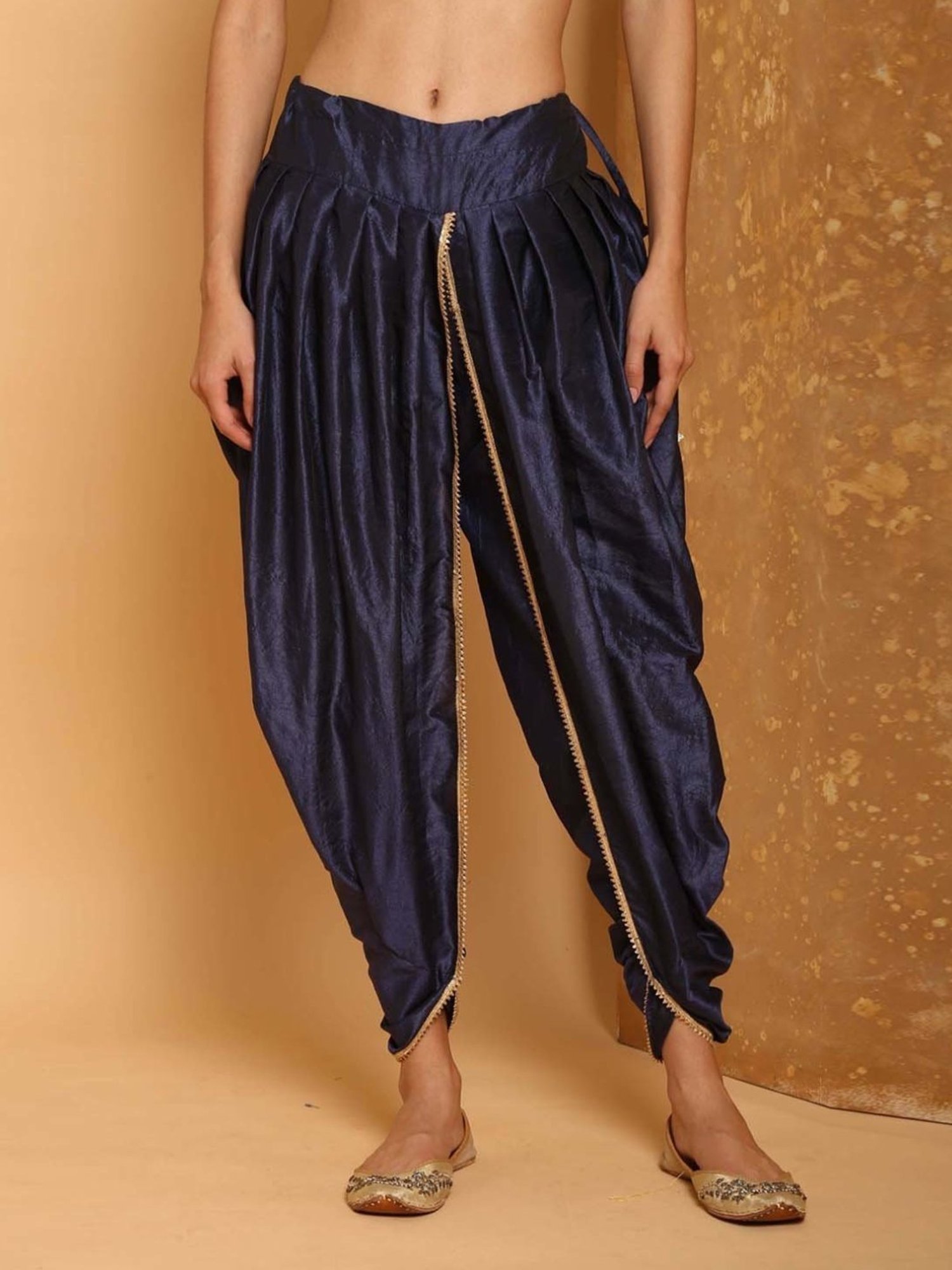 Kaanchie Nanggia Navy Blue Cotton Silk Pleated Dhoti Pants