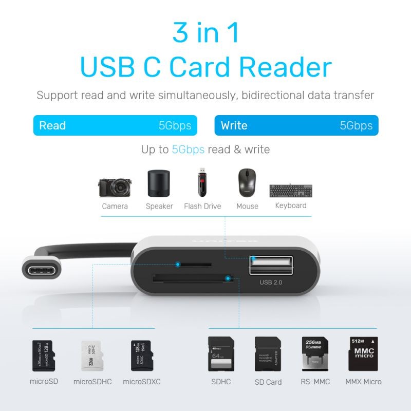 Unitek SD Card Reader USB C, 3 in 1 Type C to USB Camera SD/Micro SD Memory Card Reader Adapter 2TB Capacity for MacBook Pro/Air, iPad Pro, XPS, Samsung Galaxy S10/S9/S8 and More USB-C Devices (15cm)