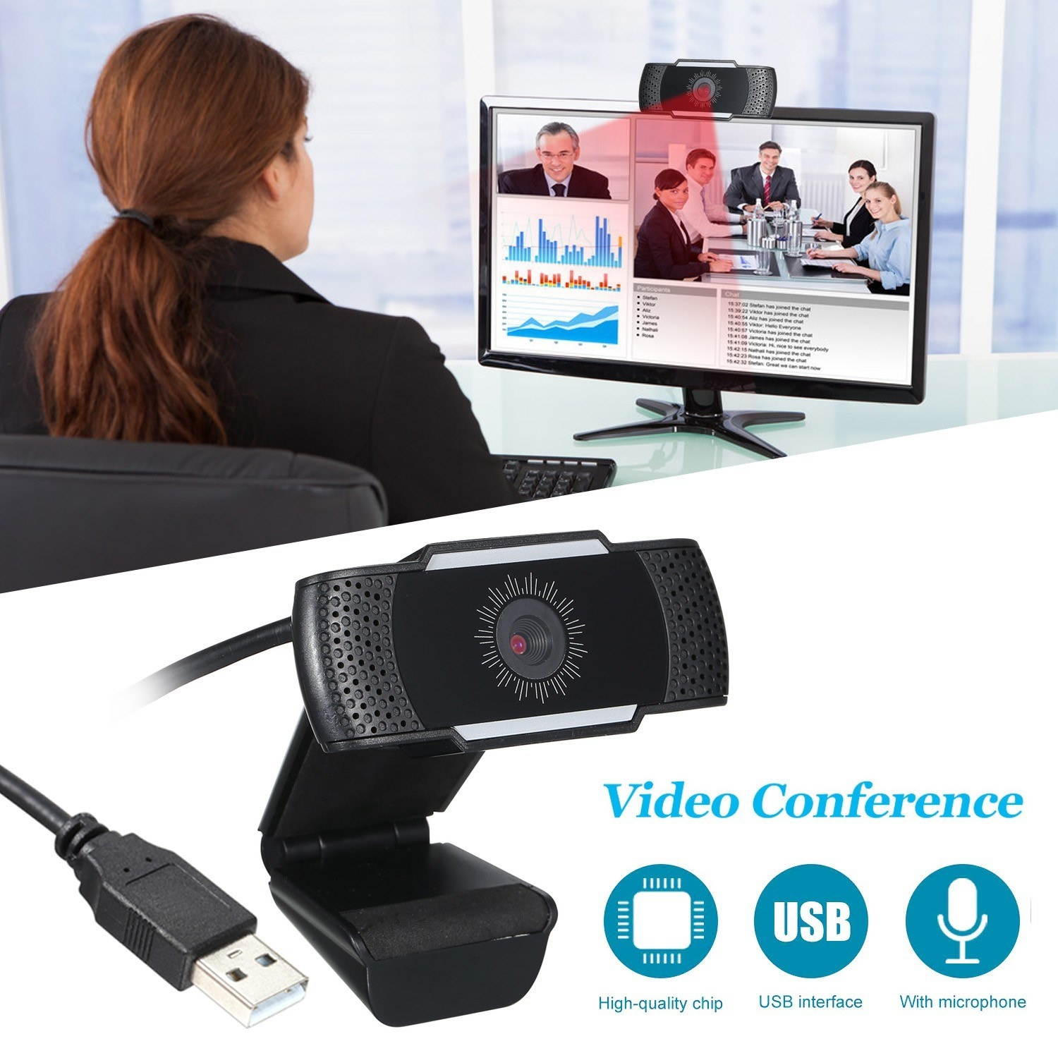 Webcam 1080P Computer Camera with Privacy Cover USB Connection Built-in Noise-reduction Microphone for Live Video