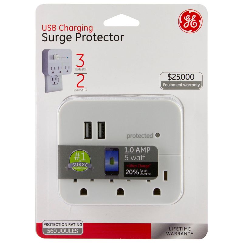 General Electric 3 Outlet 2 USB Port Surge Protector Tap 560 White