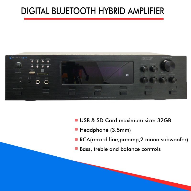 Technical Pro 6 Zone 6000 Watts Digital Bluetooth Hybrid Amplifier Preamp Tuner w/ Speaker USB and SD Card Output, 2 Mic Inputs, Balance control, Bass and Treble Controls