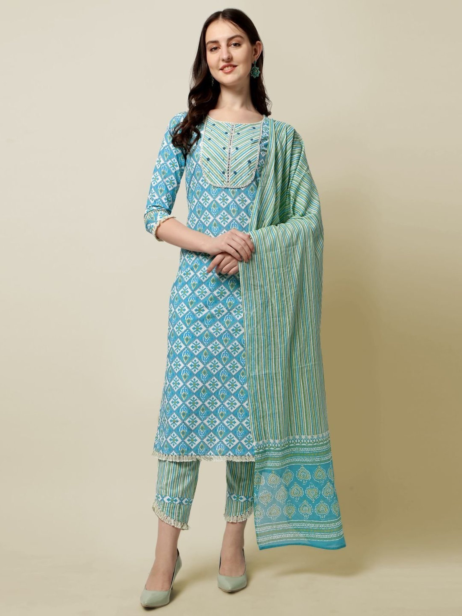 MIRCHI FASHION Aqua Blue Cotton Embellished Kurta Pant Set With Dupatta