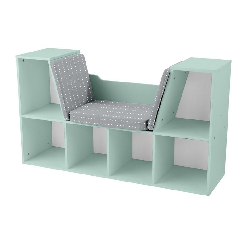 KidKraft Wooden Bookcase Storage Shelving Unit with Comfortable Cushioned Children's Reading Nook and 6 Storage Organizer Cubbies, Mint