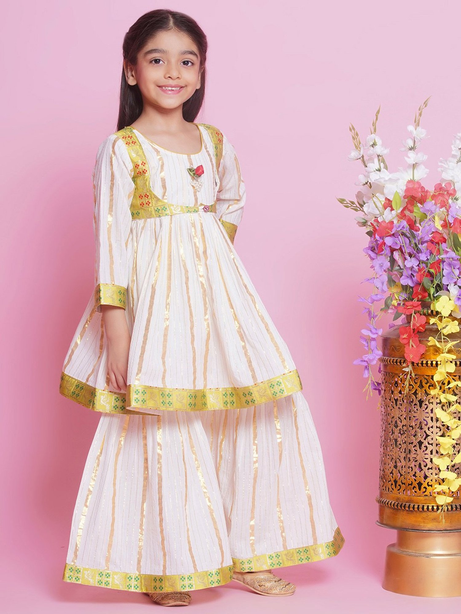 Little Bansi Kids Cream & Green Self Design Kurta, Gharara with Dupatta