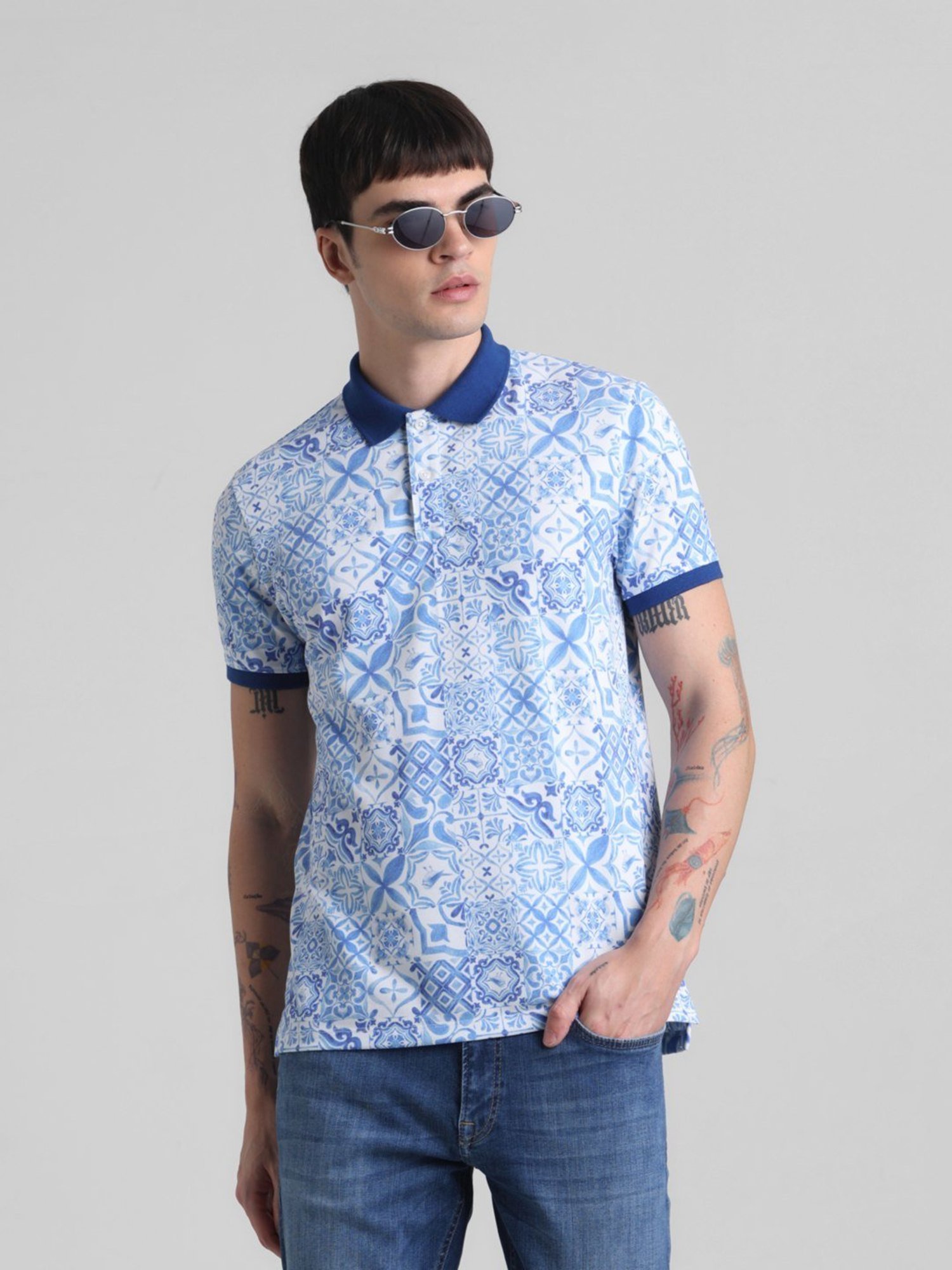 Jack & Jones Blue Ashes Cotton Regular Fit Printed Polo T-Shirt