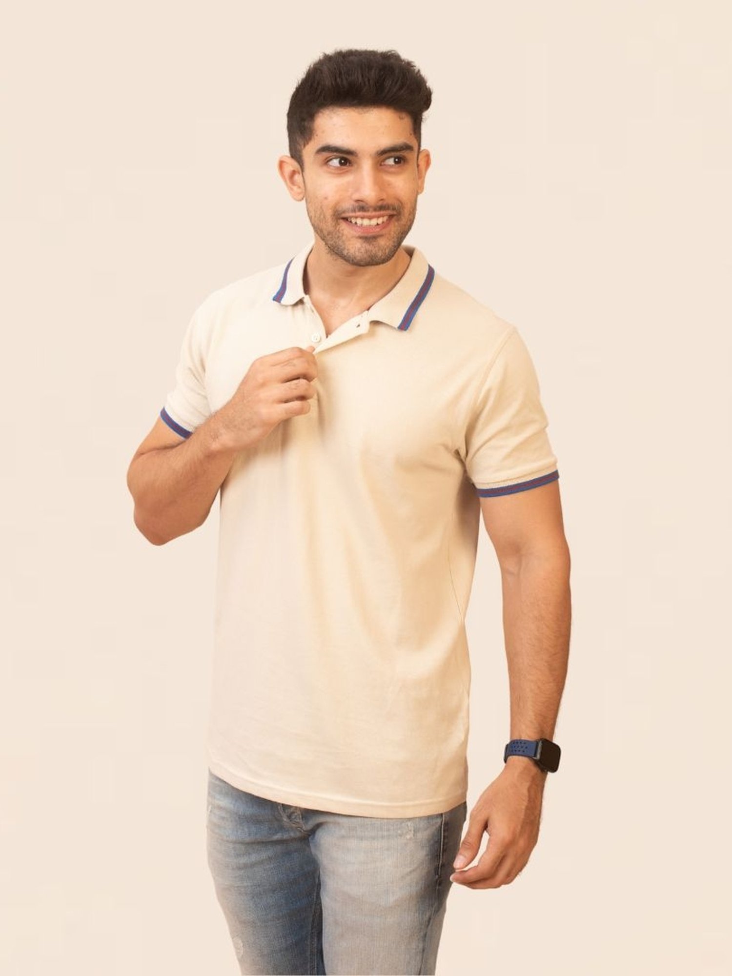 The Bleu Label Cream Cotton Slim Fit Polo T-Shirt