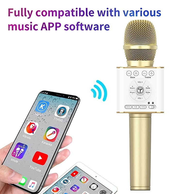 04 Wireless Bluetooth Karaoke Microphone,Louder Volume 10W Power, More Bass, 3-in-1 Portable Handheld Double Speaker Mic Machine for iPhone/Android/iPad/PC (04, Black-1)
