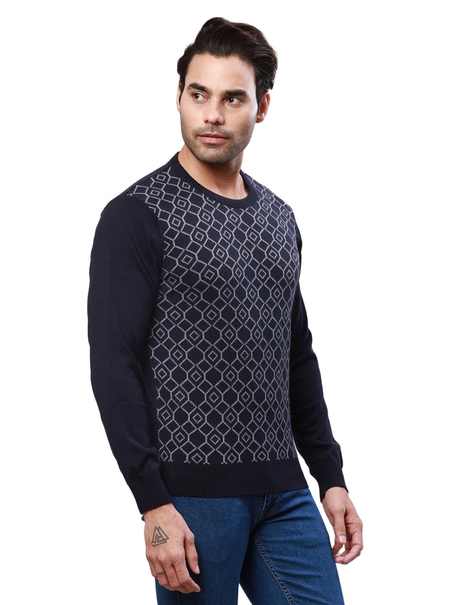 Raymond Blue Regular Fit Self Pattern Sweater