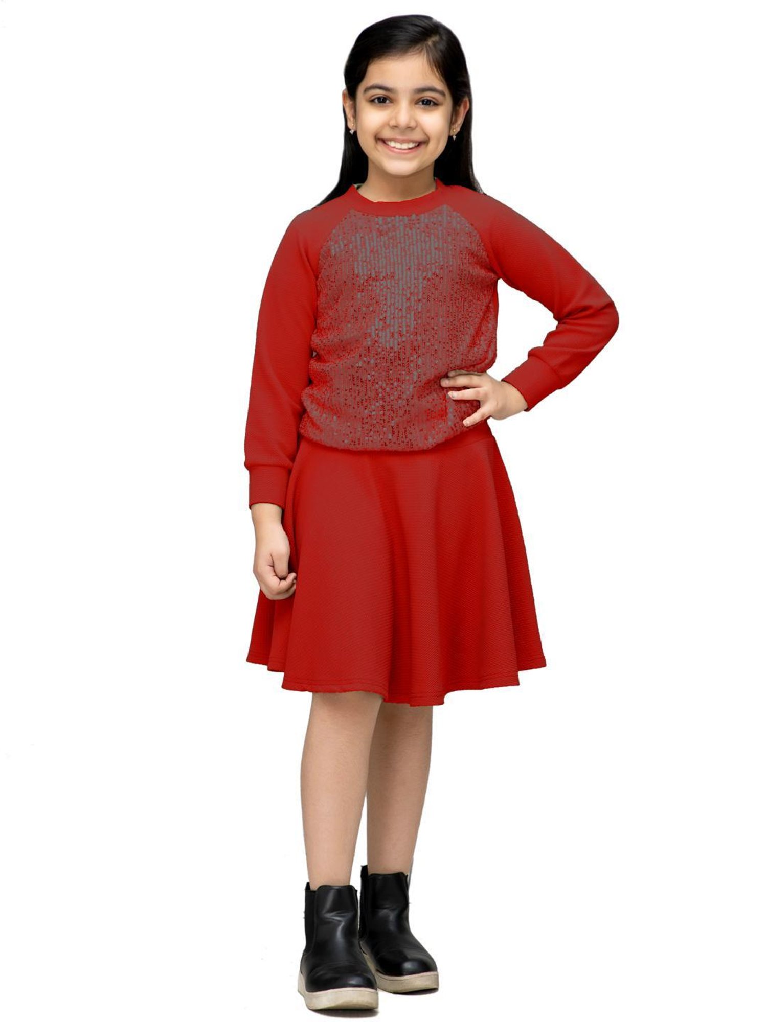 NEUDIS Kids Red Embellished Full Sleeves Top with Skirt