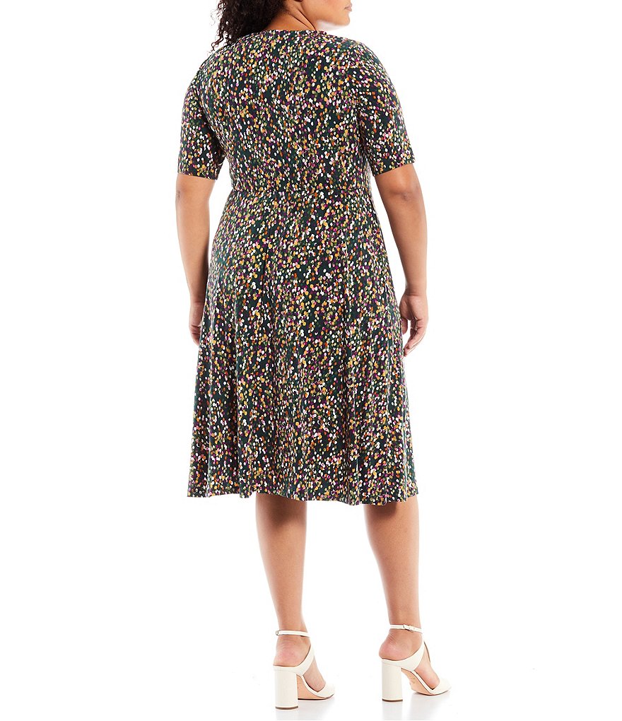 London Times Plus Size Printed Round Neck Elbow Sleeve Fit-and-Flare Dress